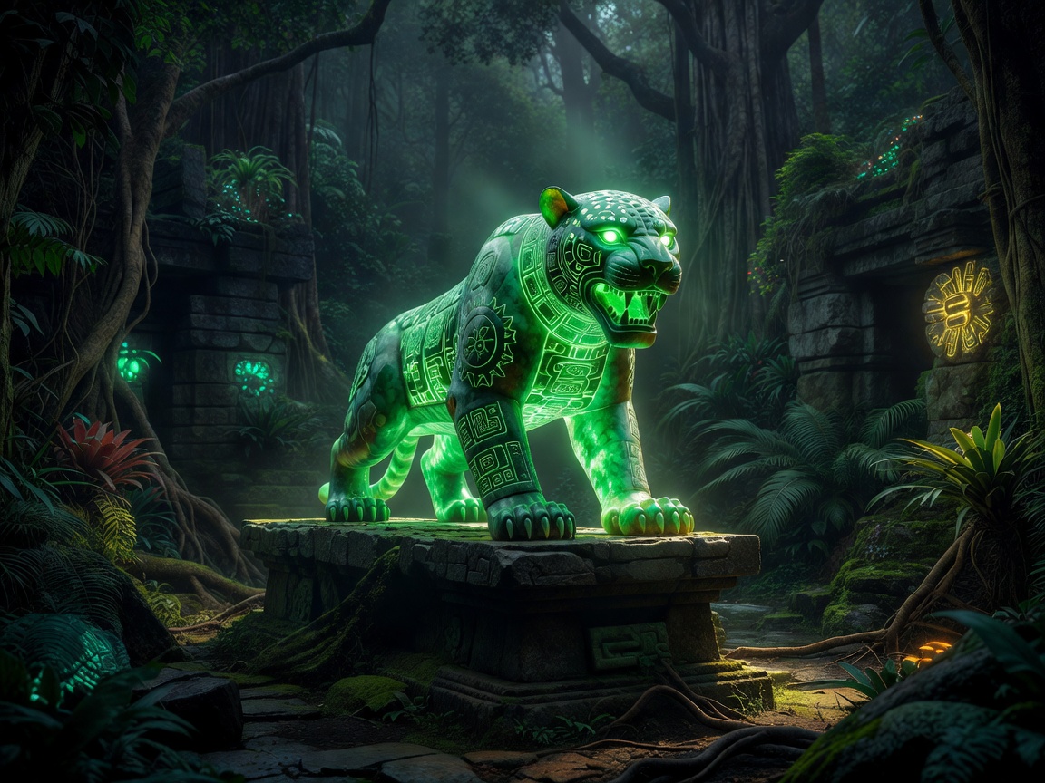 Green Jade Jaguar Statue Glowing